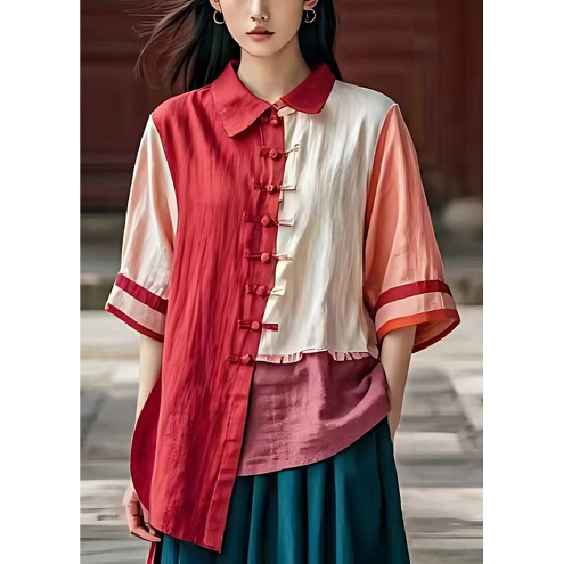 Casual Red Asymmetrical Patchwork Chinese Button Linen Shirt Top Summer