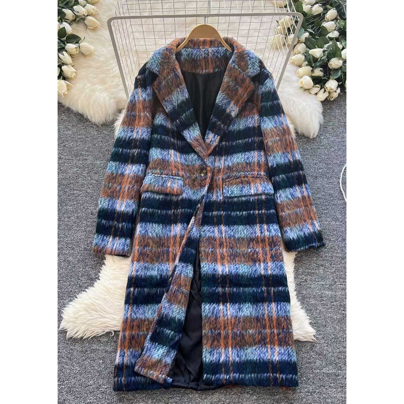 Chic Blue Button Plaid Pockets Woolen Coats Winter