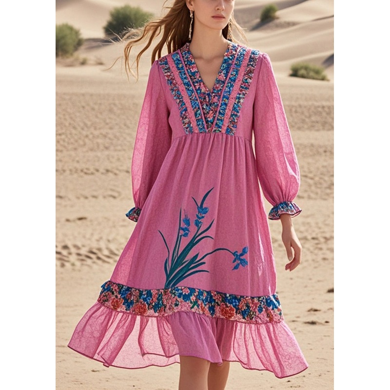 Chic Pink Ruffled Patchwork Cotton Tea Dress Fall