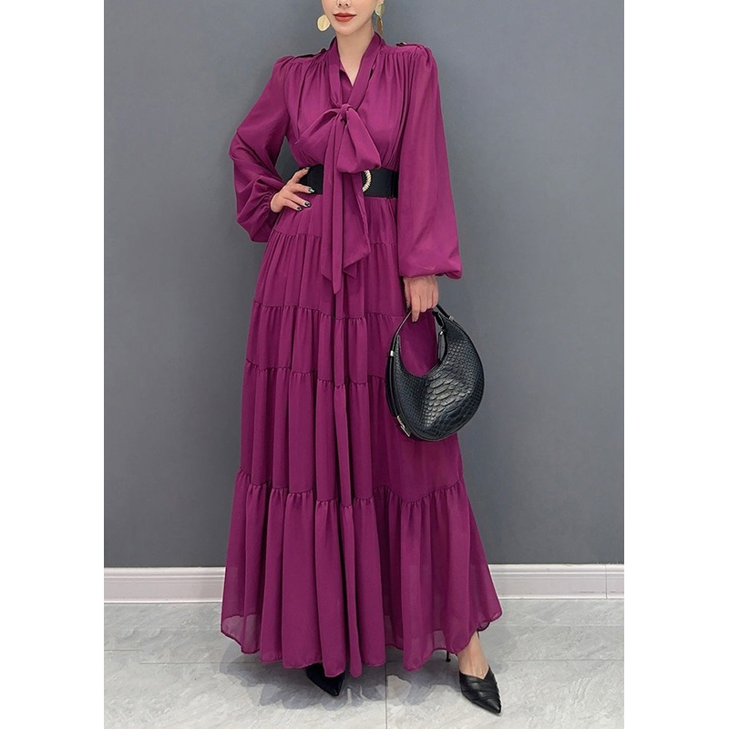 Chic Purple V Neck Patchwork Party Chiffon Long Dress Fall
