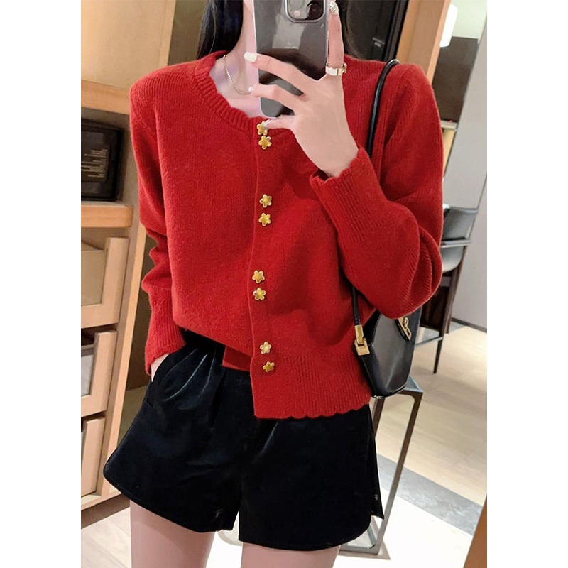 Chic Red O Neck Button Knit Cardigan Coat Fall