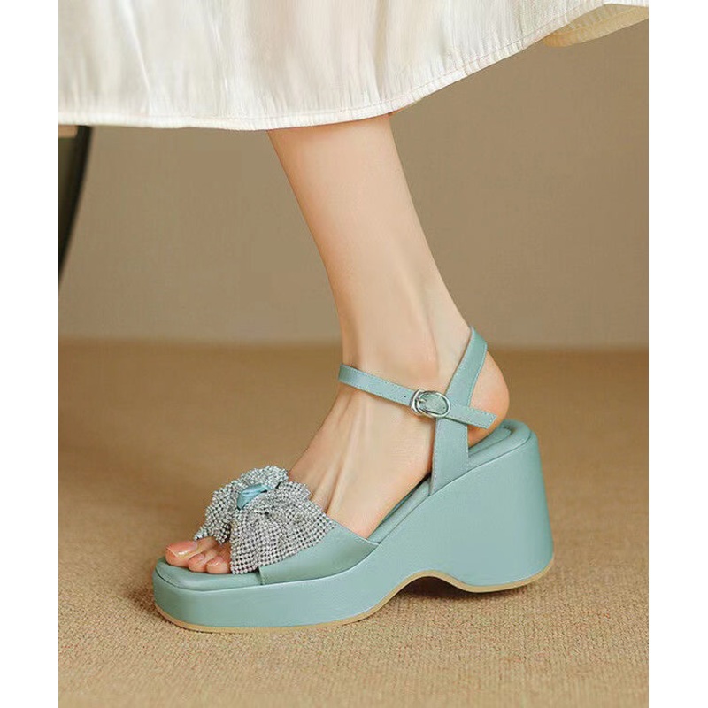 Chic Zircon Bow Splicing Wedge Sandals Blue Cowhide Leather