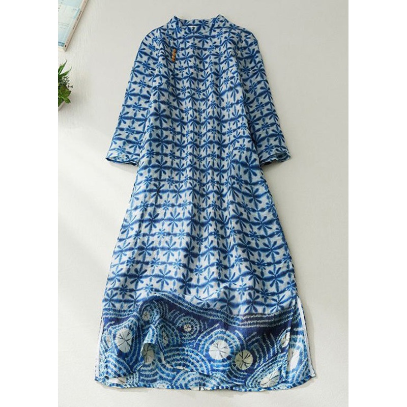 Chinese Style Blue Button Print Pockets Linen Dresses Half Sleeve