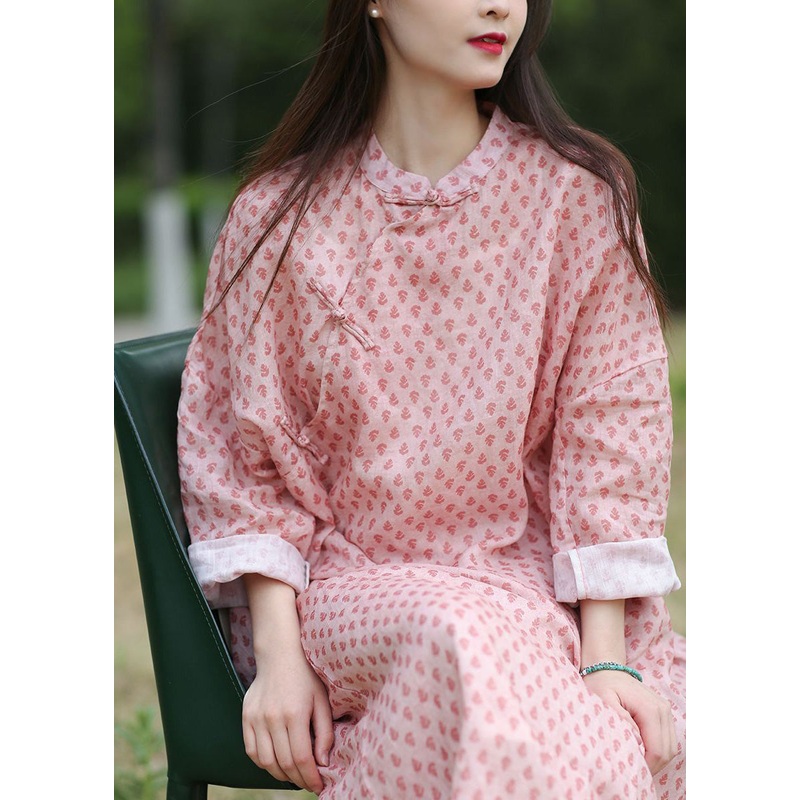 Chinese Style Pink Button Print Cotton Long Dress Spring