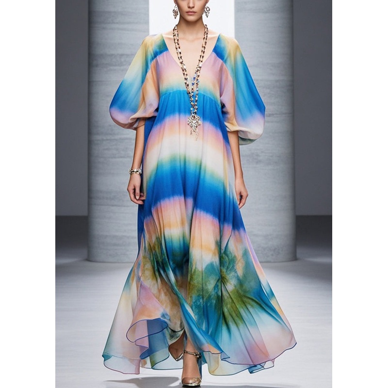 Classy Gradient Color Print Chiffon Robe Dresses Lantern Sleeve
