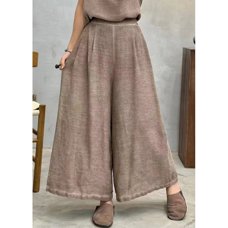 Coffee Solid Linen Summer Wide Leg Pants High Waist