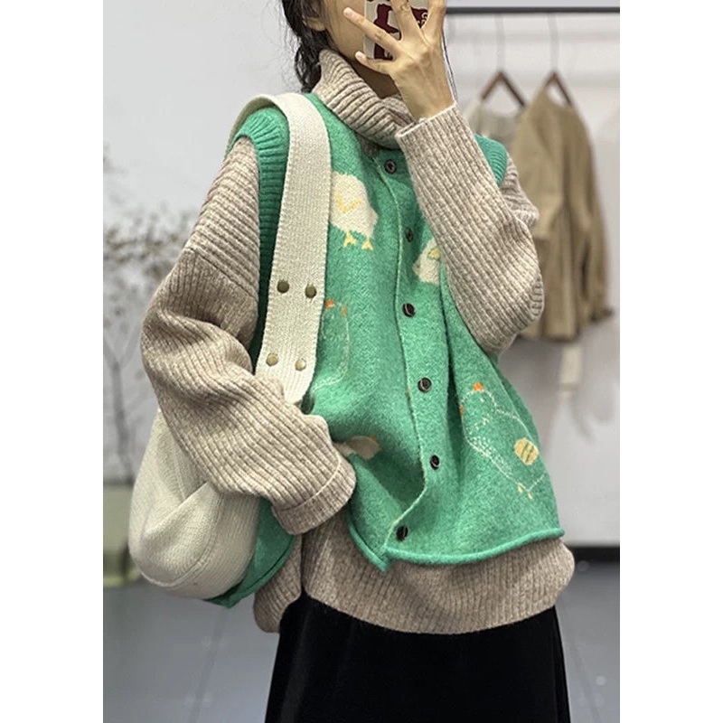 Cozy Green O Neck Button Animal Cotton Knit Waistcoat Sleeveless