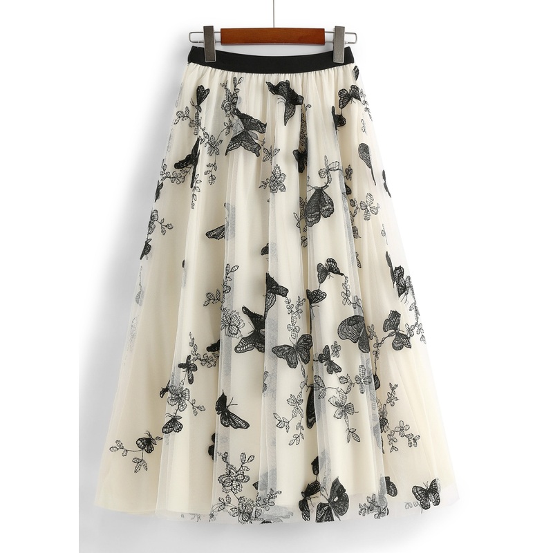 Cute Apricot Butterfly Embroideried Elastic Waist Tulle A Line Skirts Spring