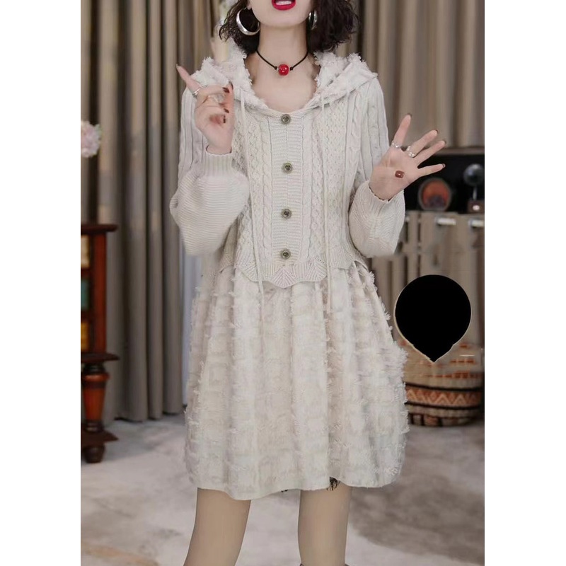 Elegant Beige Hooded Patchwork Knit Mid Dress Winter