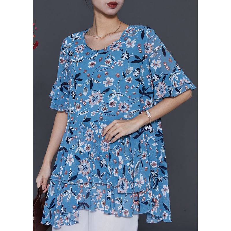 Elegant Blue Print Silm Fit Chiffon Shirt Summer
