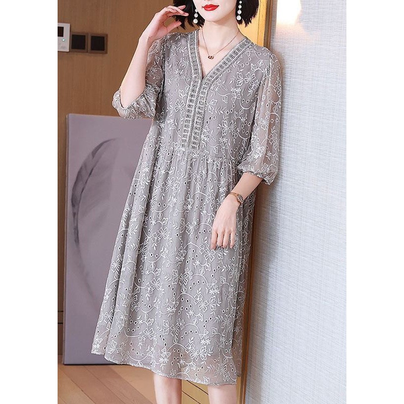 Elegant Grey Embroidered Nail Bead Patchwork Silk Dress Half Sleeve