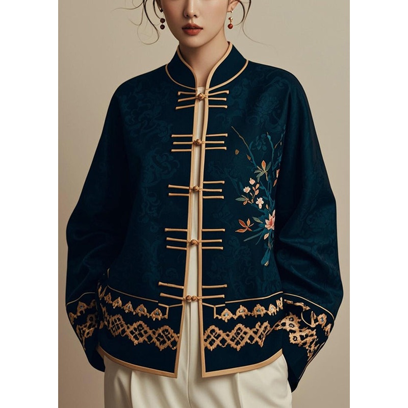 Elegant Navy Chinese Button PrintSilk Coats Fall
