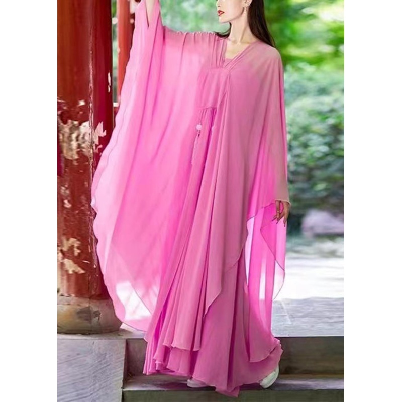 Elegant Pink V Neck Tasseled Chiffon Two-Piece Set Spring