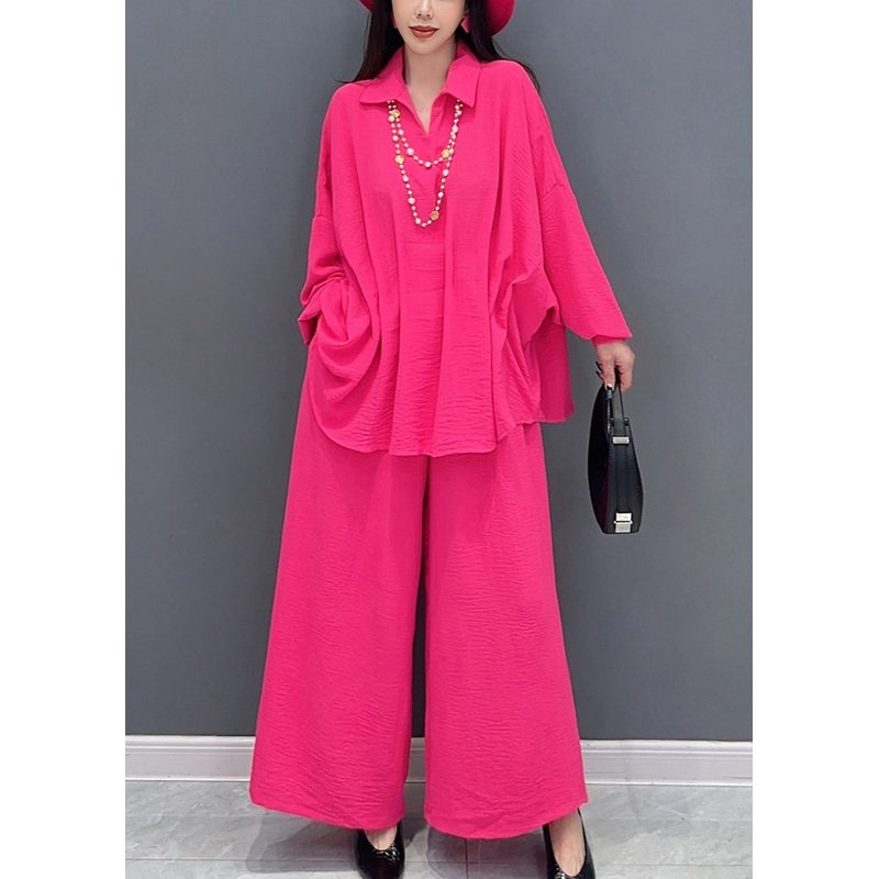 Elegant Rose Tops And Wide Leg Pants Cotton Two Pieces Set Spring