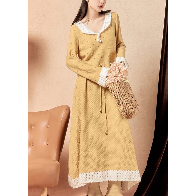 Elegant Yellow Hollow Out Lace Up Knit Long Dress Winter