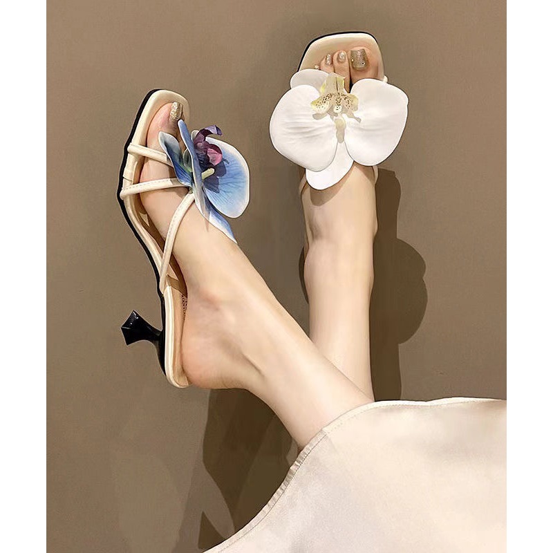 Fashion Beige Faux Leather Splicing Floral Slide Sandals
