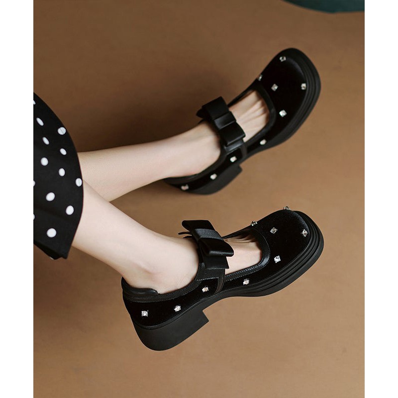Fashion Black Bow Splicing Nail Bead Buckle Strap Chunky High Heels
