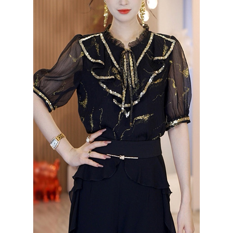 Fashion Black Stand Collar Sequins Chiffon Top Short Sleeve