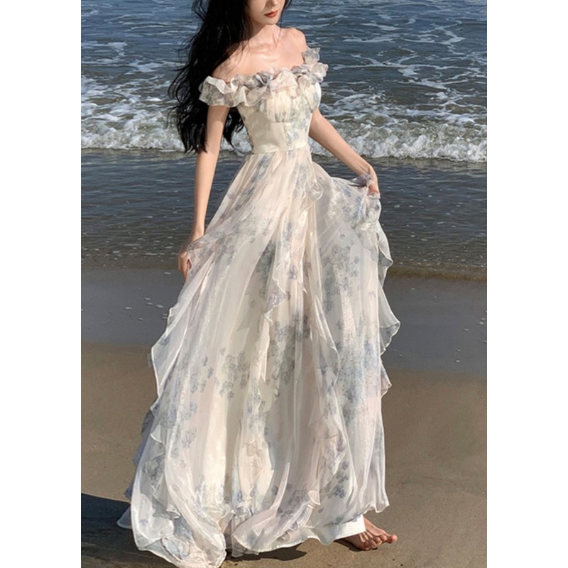 Fashion Ruffled Print Patchwork Chiffon Long Dresses Summer