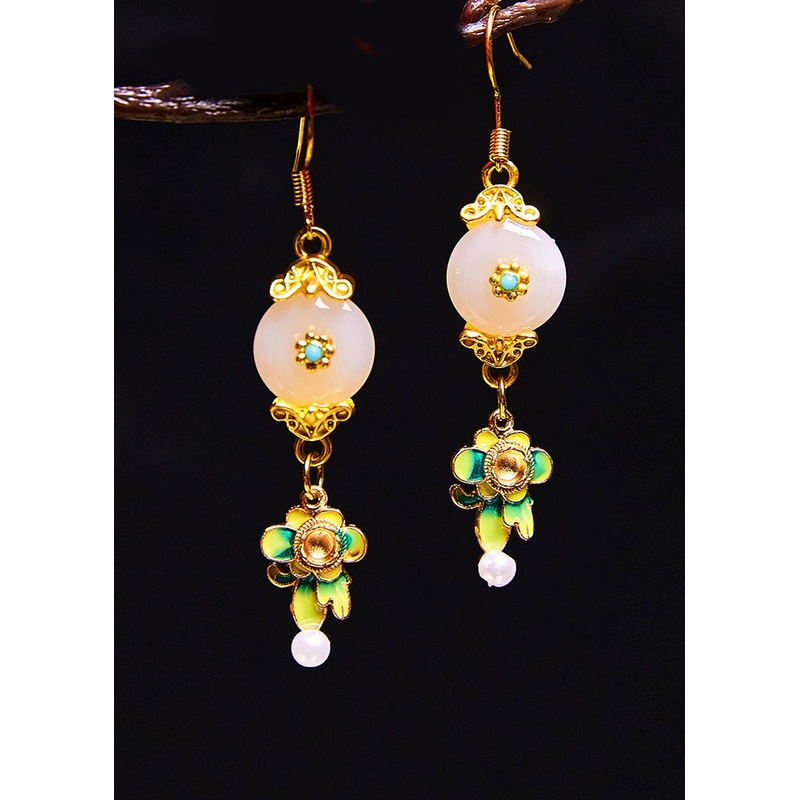 Fine White Jade Paitings Flower Metal Drop Earrings