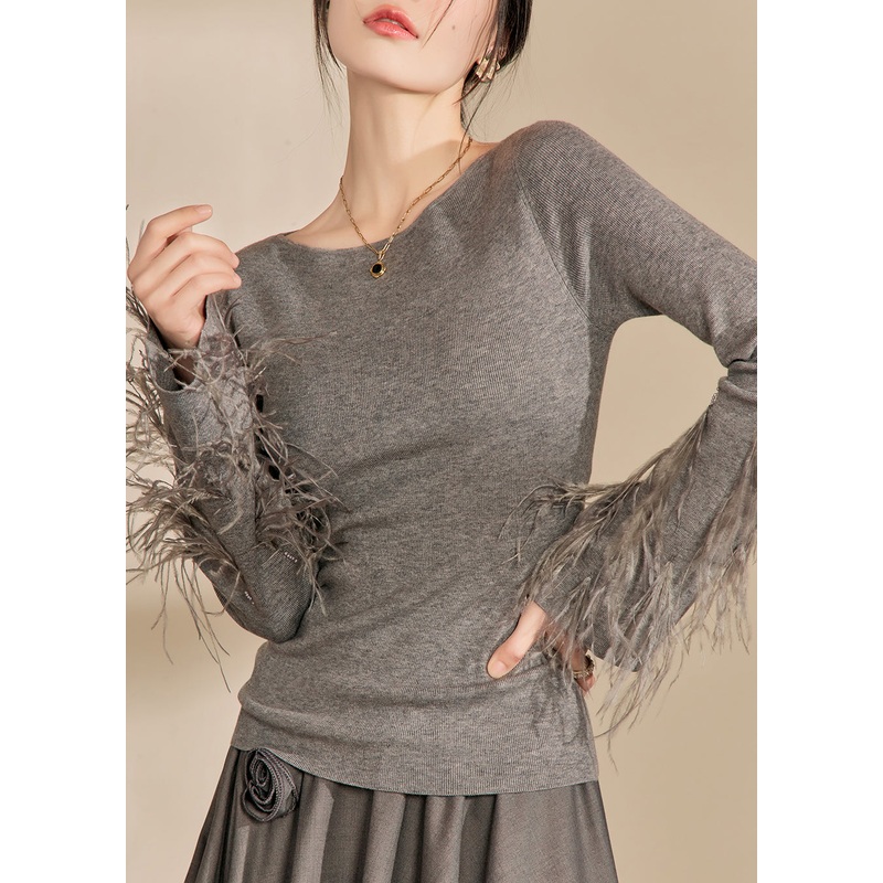 Fitted Grey O-Neck Tassel Cotton Knit Sweaters Fall