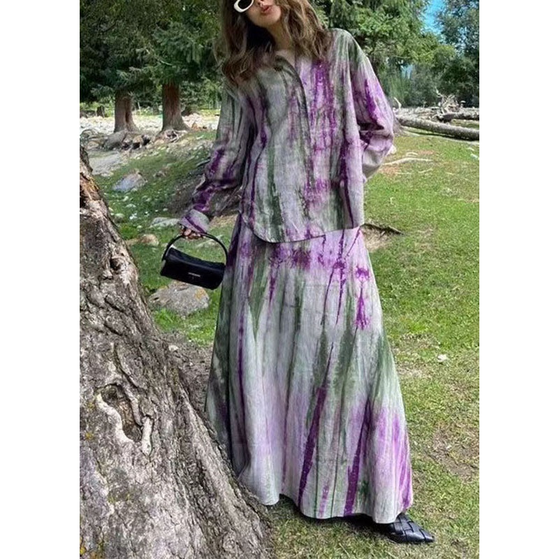 Fitted Purple Peter Pan Collar Tie Dye Shirts And Maxi Skirts Two Piece Set Long Sleeve