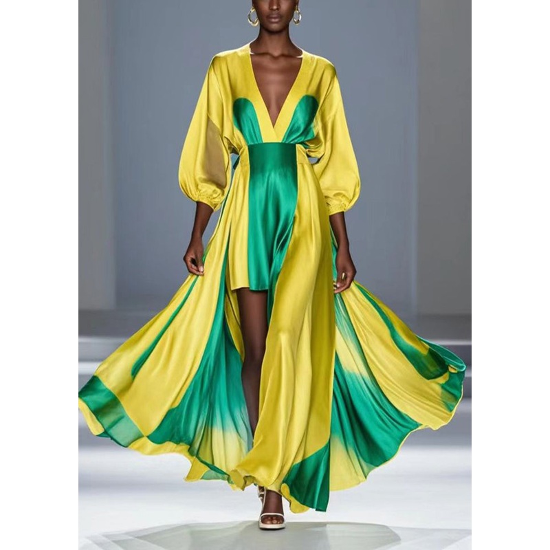 Fitted Yellow Asymmetrical Tie Dye Silk Party Dress Bracelet Sleeve