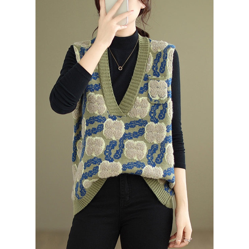 Floral Green V Neck Patchwork Cozy Knit Waistcoat Sleeveless