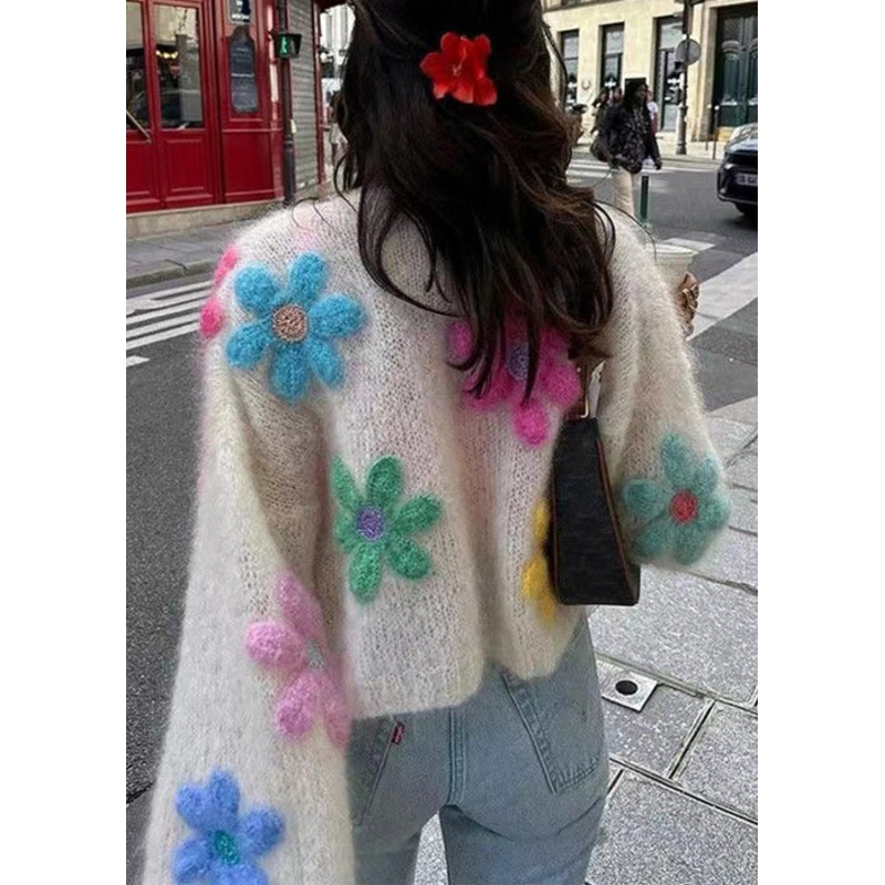 Floral White Button Hollow Out Wool Knit Cardigans Winter