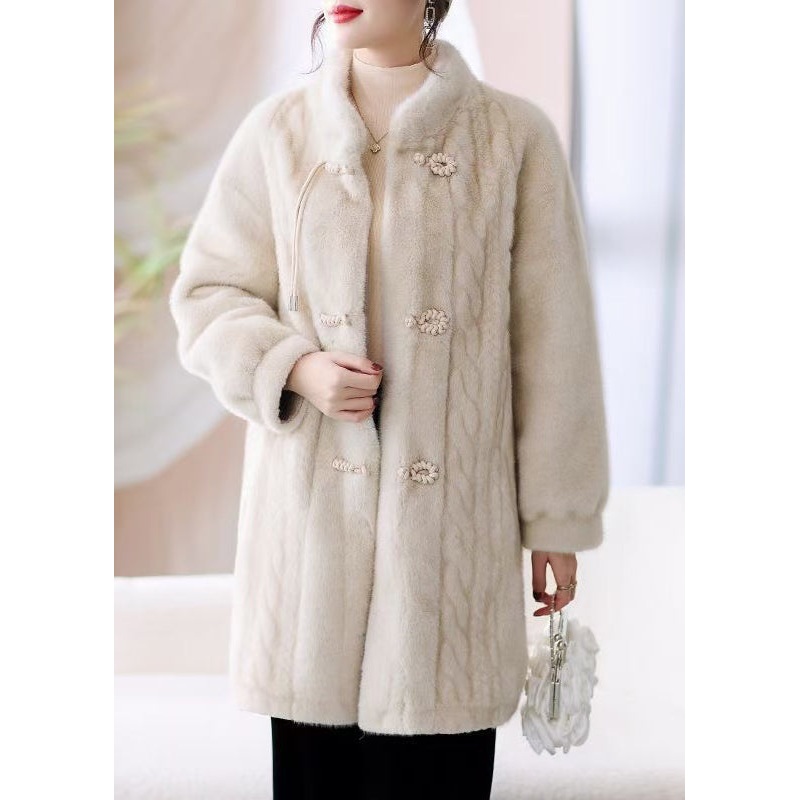 French Beige Stand Collar Button Pockets Mink Hair Coat Winter