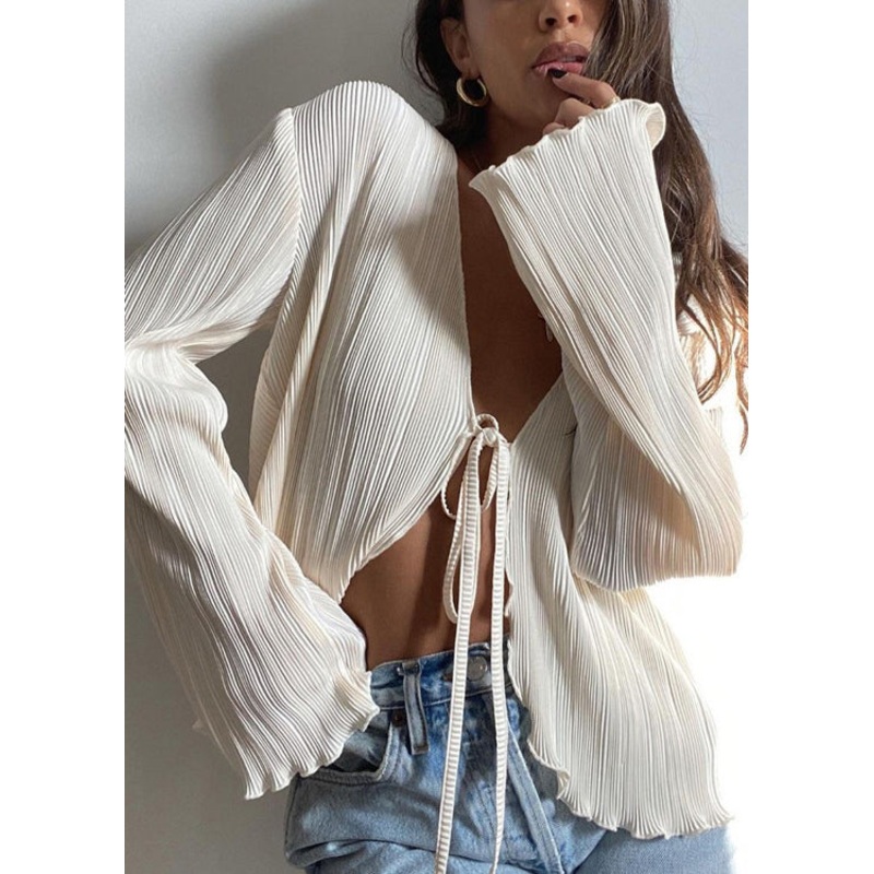 French Beige V Neck Lace Up Top Flare Sleeve