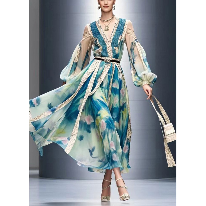 French Blue Cold Shoulder Print Chiffon Full Dresses Fall