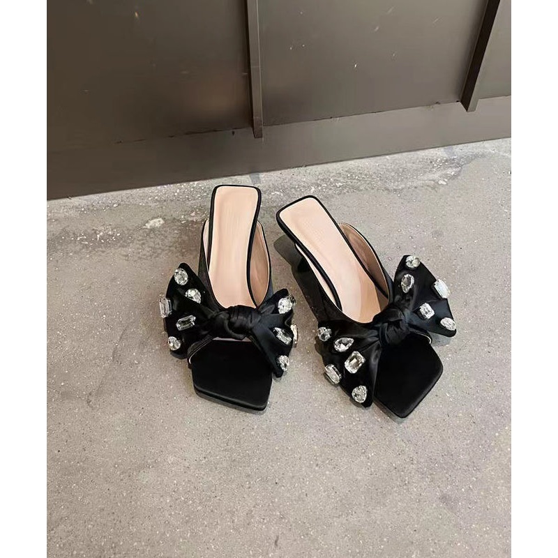 French Bow Zircon Splicing Chunky Heel Black Slide Sandals