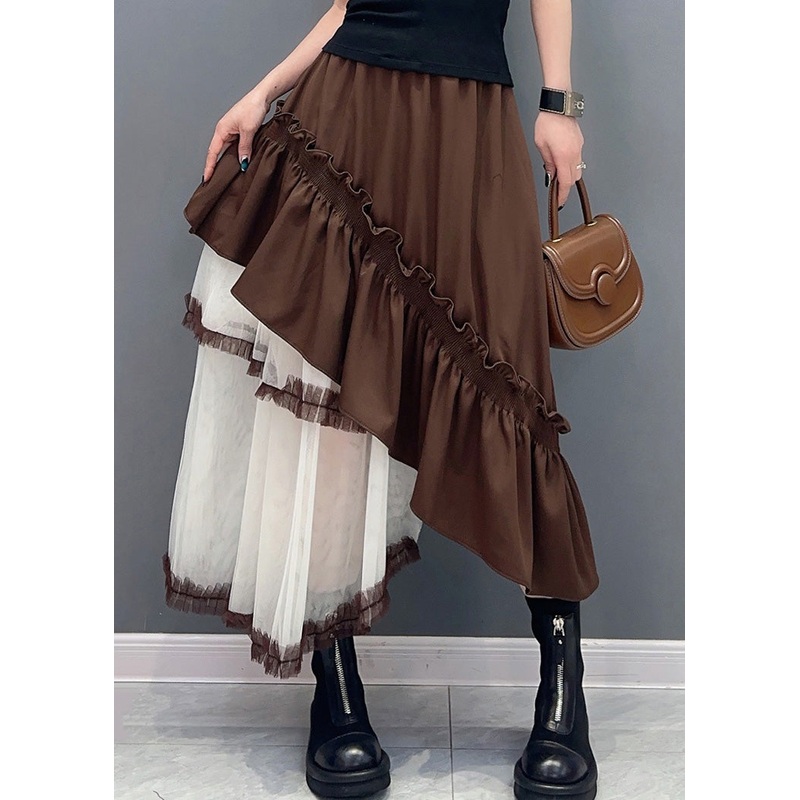 French Coffee Ruffled Pockets Patchwork Tulle Skirt Summer