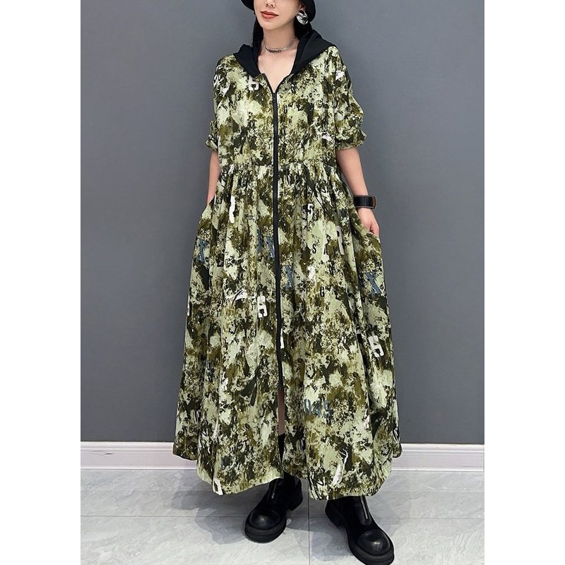 French Green Hooded Print Pockets Cotton Long Dress Summer