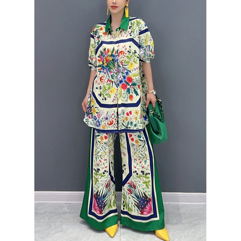 French Green Print Tops And Wide Leg Pants Cotton Two Pieces Set Summer