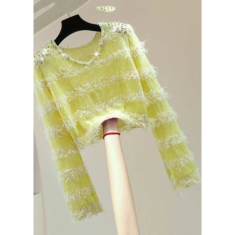 French Green V Neck Nail Bead Tassel Cotton Knit Sweaters Winter