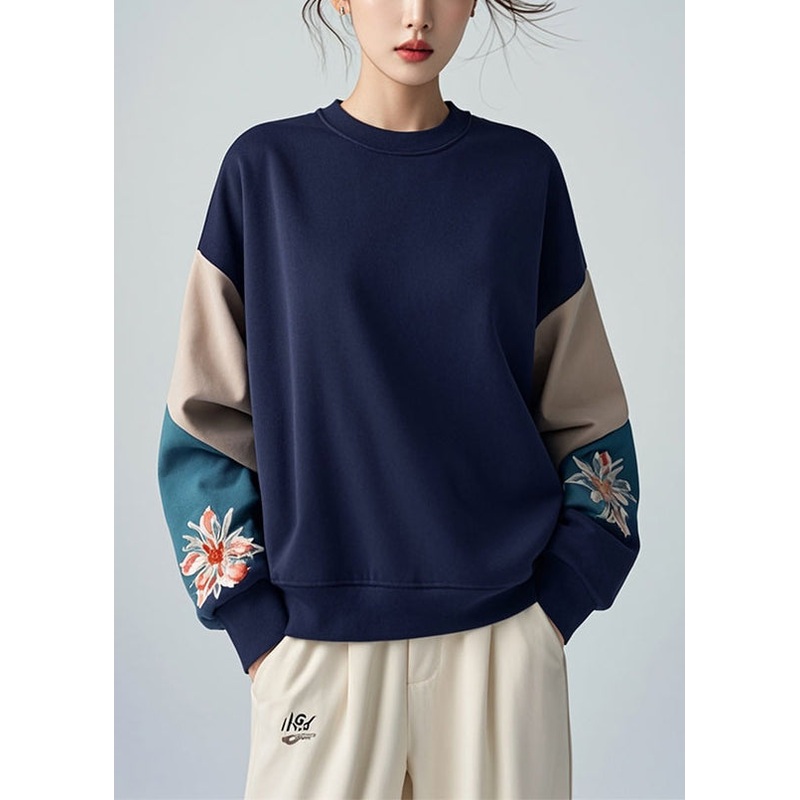 French Navy O Neck Print Patchwork Warm Fleec Sweatshirts Winter