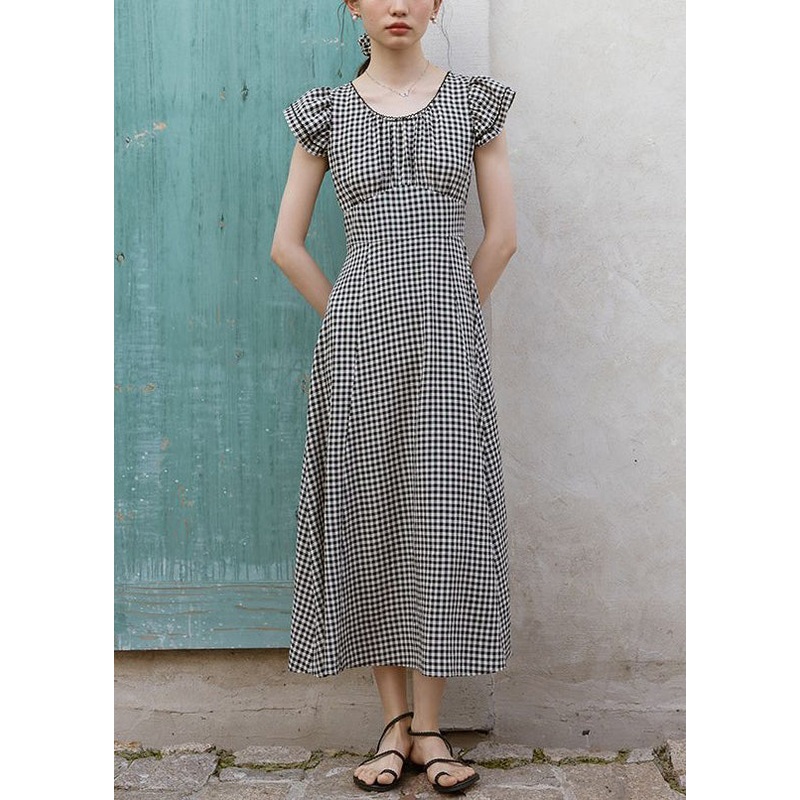 French Plaid O Neck High Waist Cotton Dresses Summer