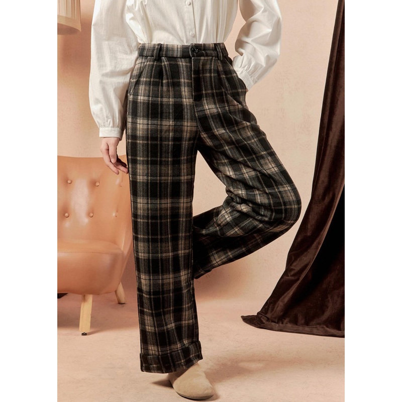French Plaid Pockets High Waist Cotton Pants Spring