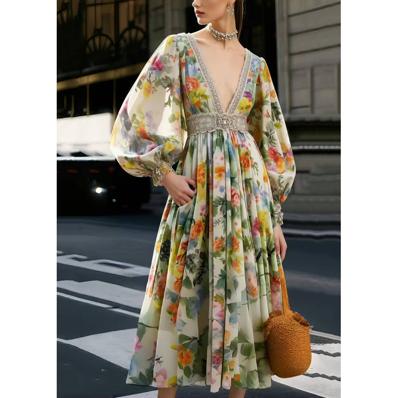 French Polychrome Deep-V Neck Print Chiffon Party Dress Spring