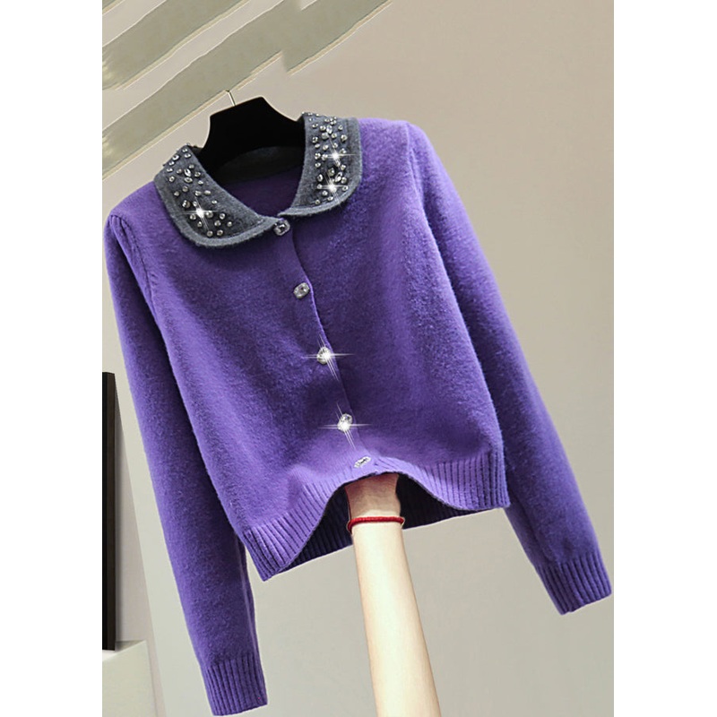 French Purple Peter Pan Collar Nail Bead Cotton Knit Sweaters Winter