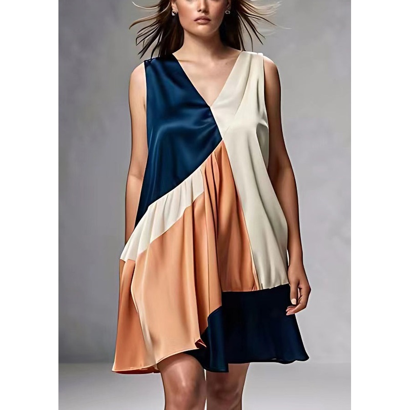 French V Neck Wrinkled Patchwork Silk Dress Sleeveless