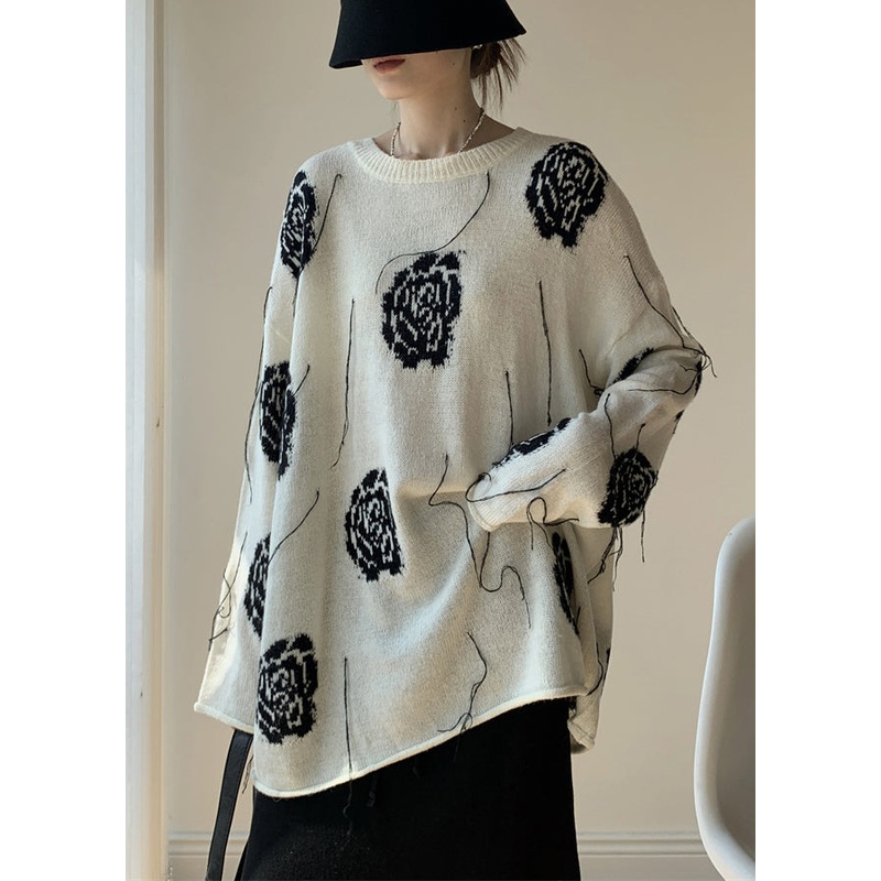 French White O Neck Cozy Knit Sweater Winter