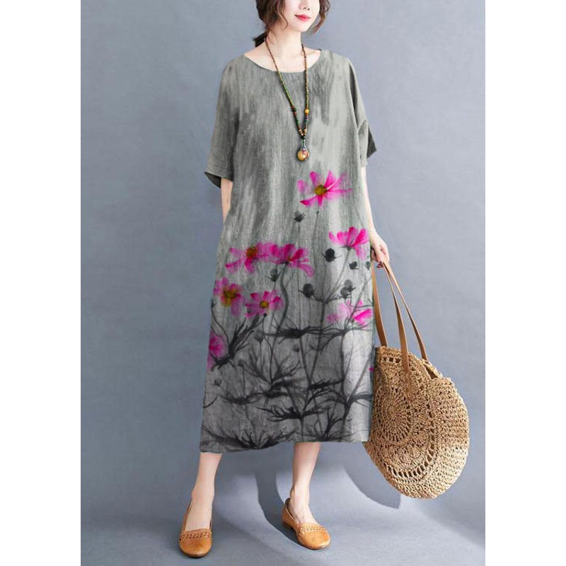 Handmade gray ink painting O-Neck Patchwork Summer Vacation Dresses Half Sleeve