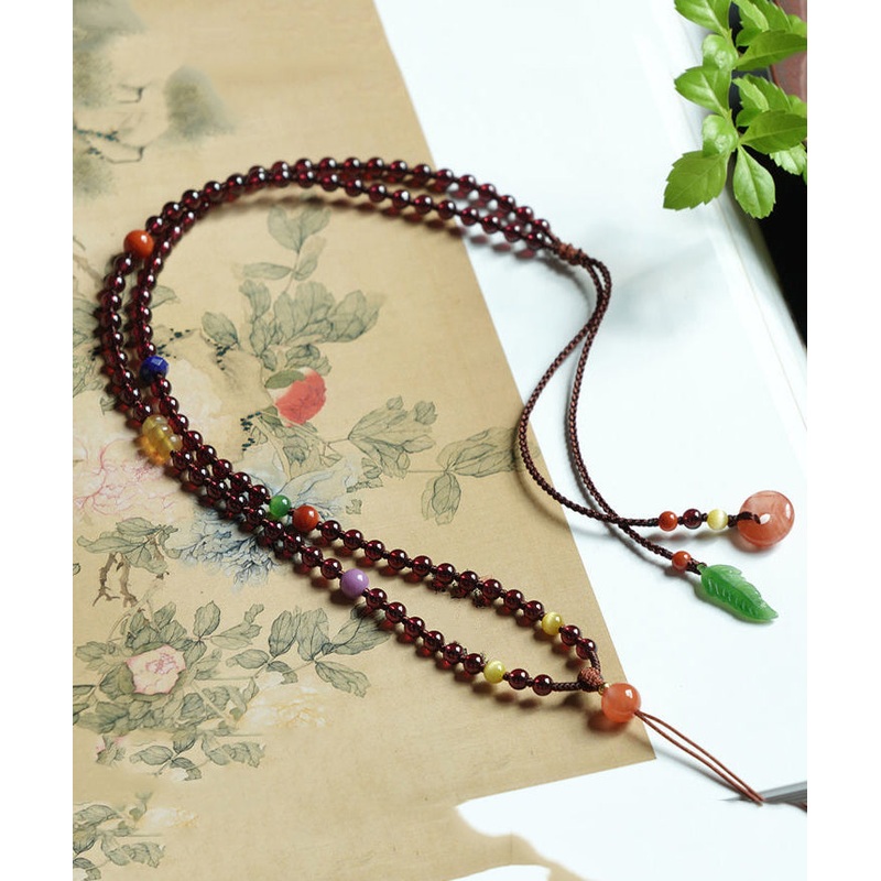 Handmade Mulberry Alloy Jade Garnet Pendant Necklace