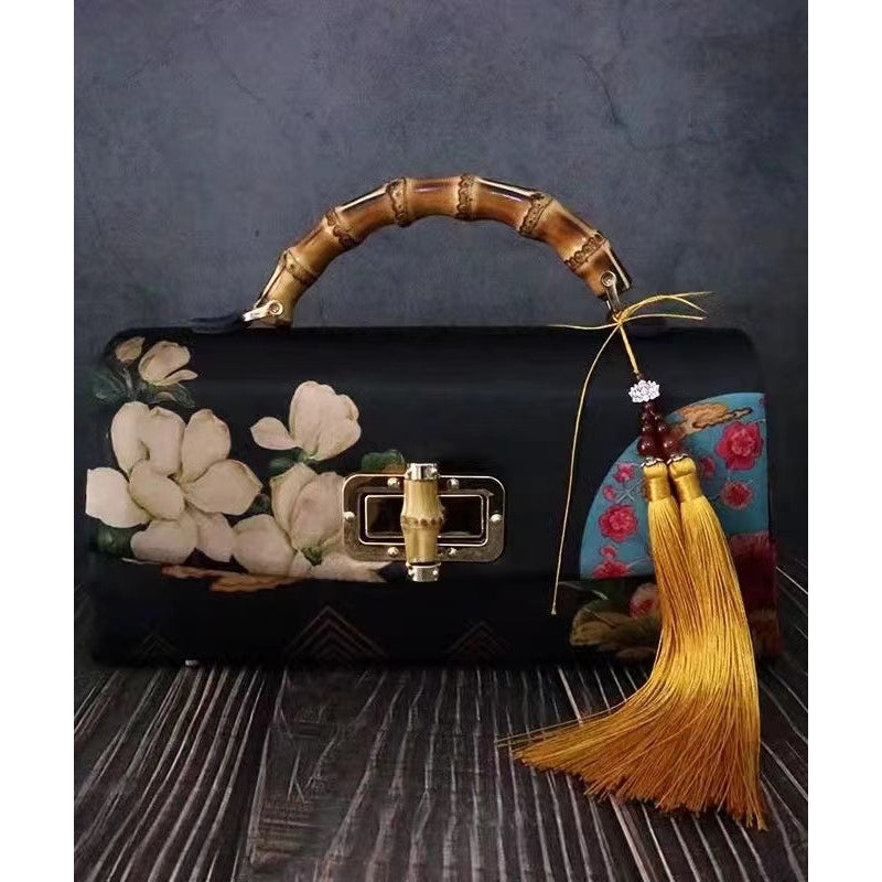 Handmade New Retro Black Print Silk Tote Handbag