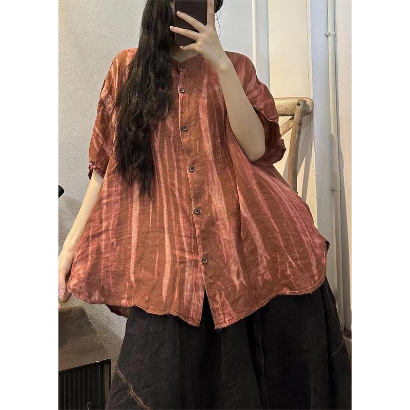 Handmade Orange O-Neck Striped Linen Shirts Half Sleeve