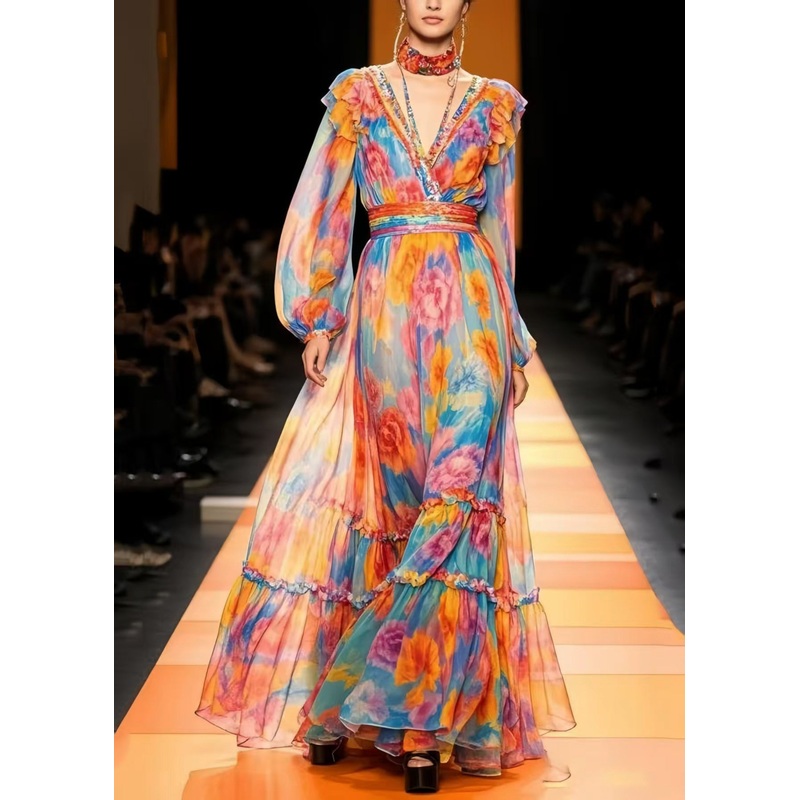 Handmade Rainbow Floral Print Chiffon Vacation Dresses Summer