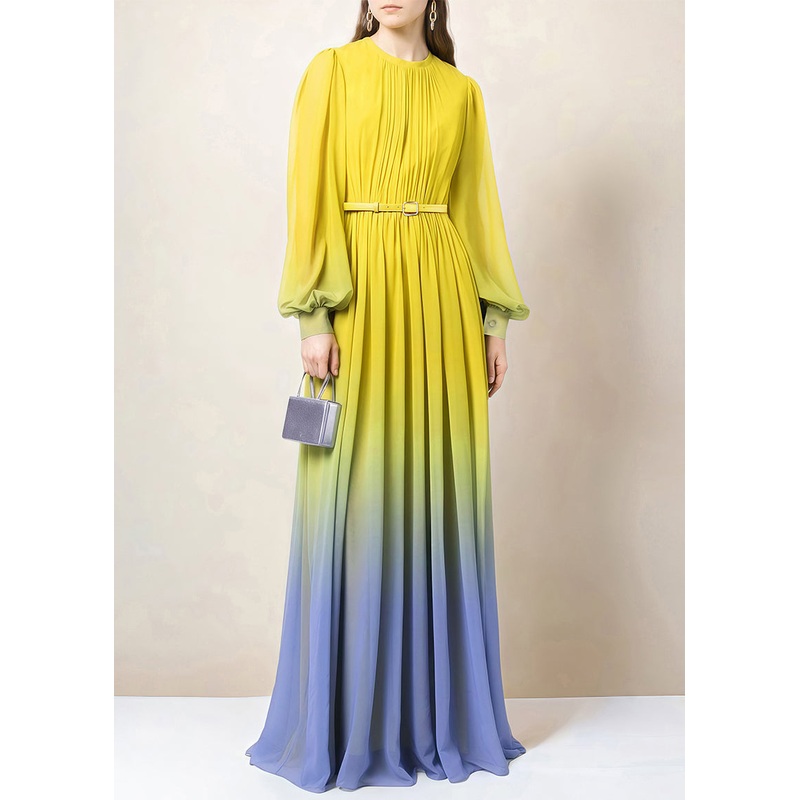 Italian Gradient Color Wrinkled Button Chiffon Ankle Dress Fall